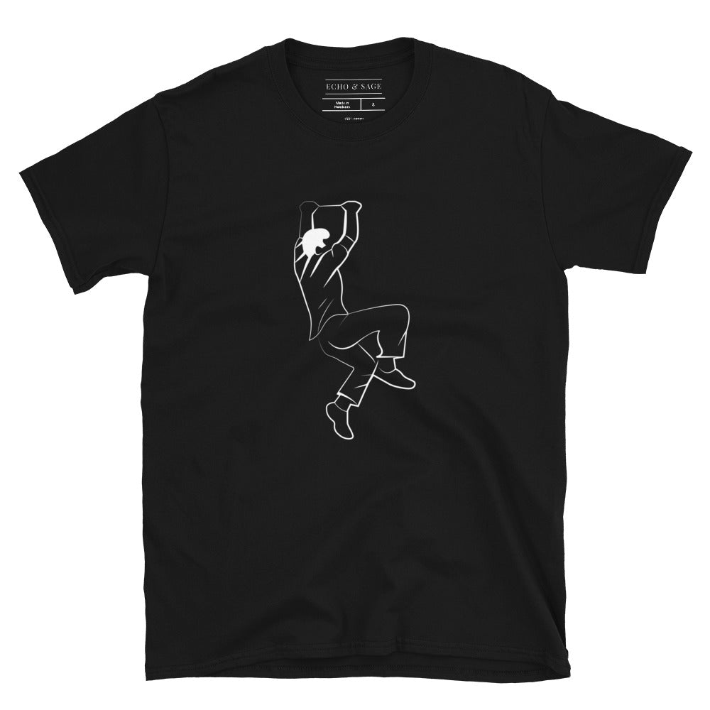 Line Drawing of Man Hanging on to a Ledge Tee